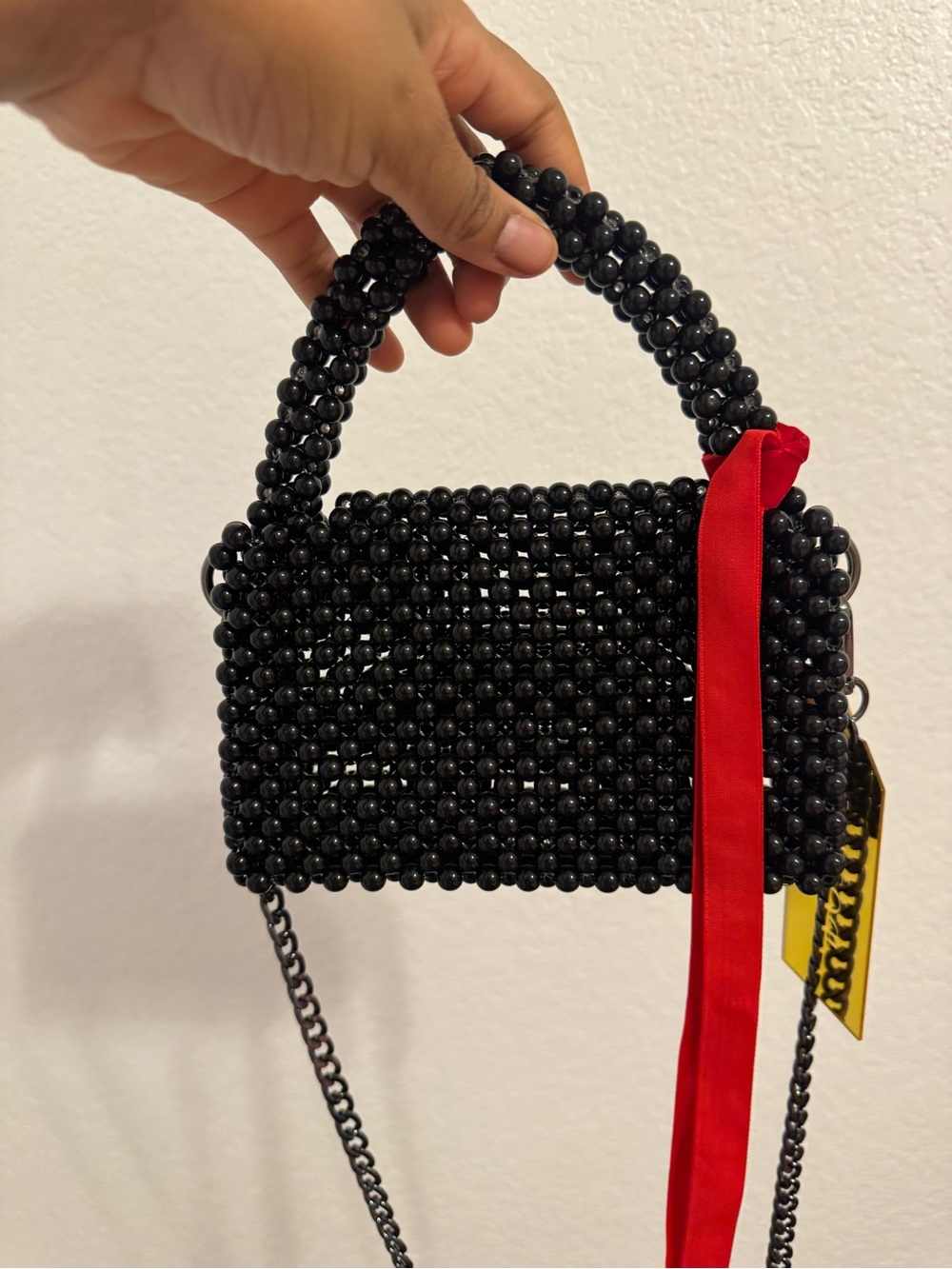 Black Beaded Mini Top-Handle Bag with Red Accent - Picture 3 of 4